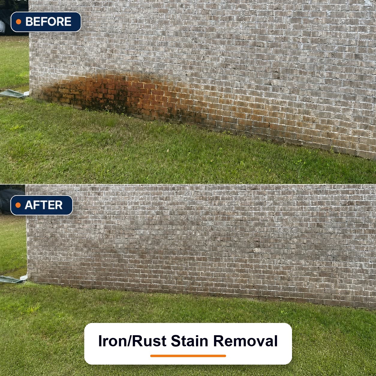 Iron and rust stain removal on brick wall before and after