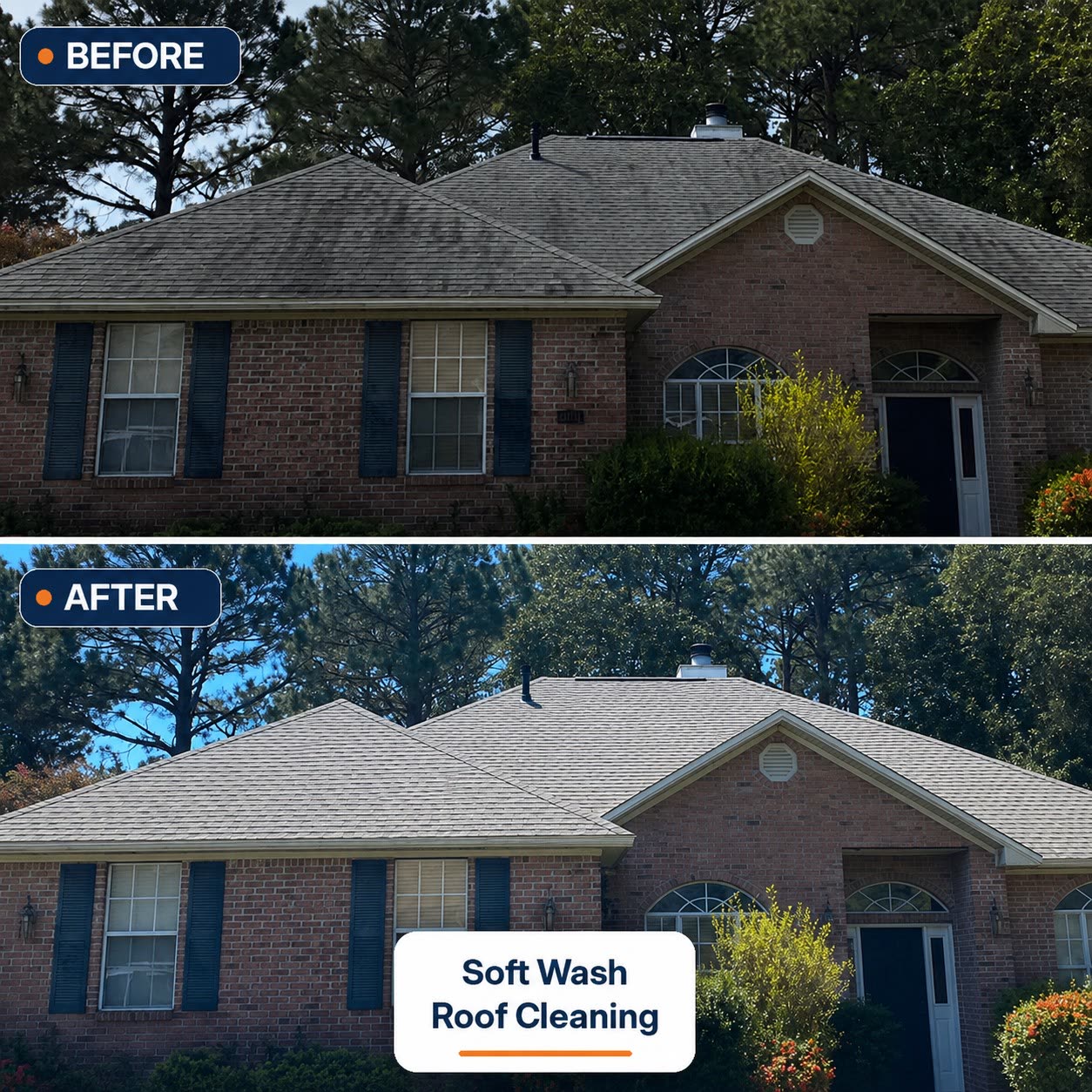 Roof cleaning comparison before and after